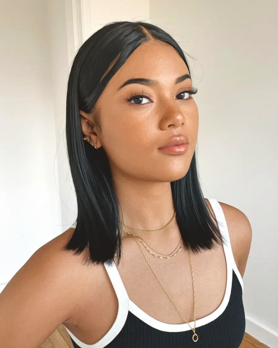 fall hairstyles glossy jet-black slick bob