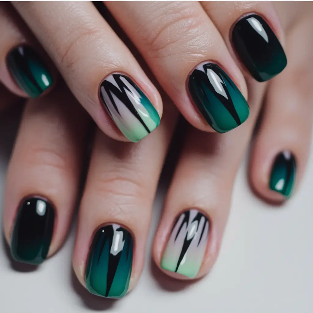 Fall Nail Color Ideas Women Over 40 Green Flame Gradient with Bold Black Accents