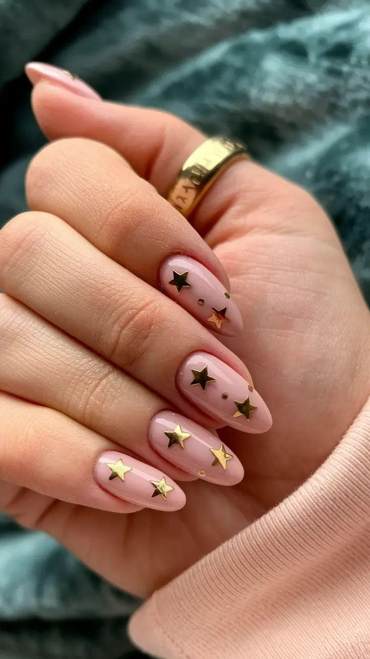 Fall Nail Color Ideas Women Over 40 Golden Starbursts on Soft Pink Almonds