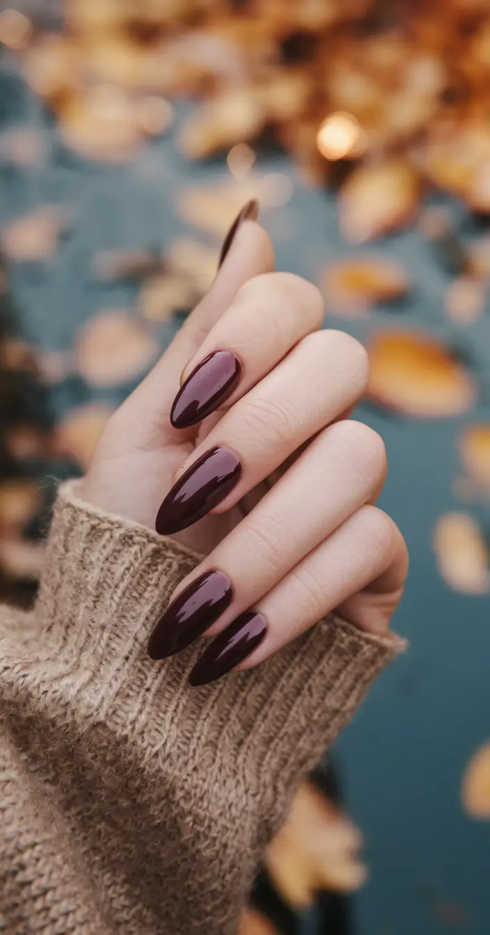 Fall Nail Color Ideas Women Over 40 Deep Plum Almond Nails for Luxe Fall Evenings