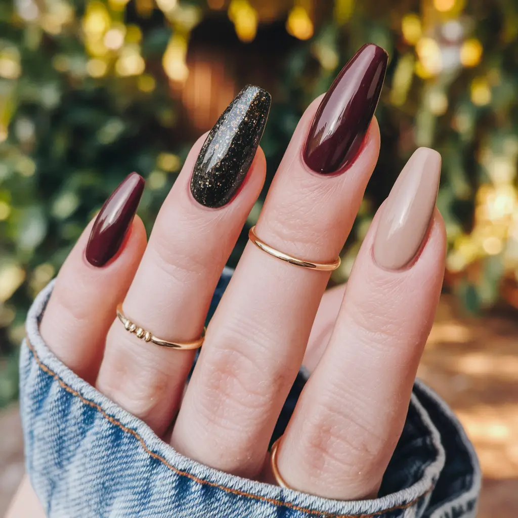 Fall Nail Color Ideas Women Over 40 Burgundy and Glitter Combo for Golden Hour Vibes