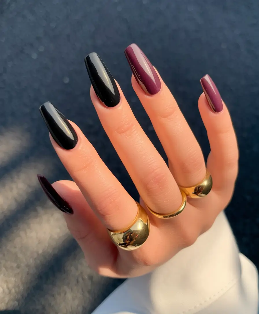 Fall Nail Color Ideas Women Over 40 Classic Noir and Plum Pairing for Autumn Sophistication
