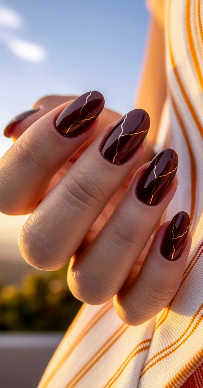 fall nails oval shape design Deep Brown Gloss with Gold Lightning