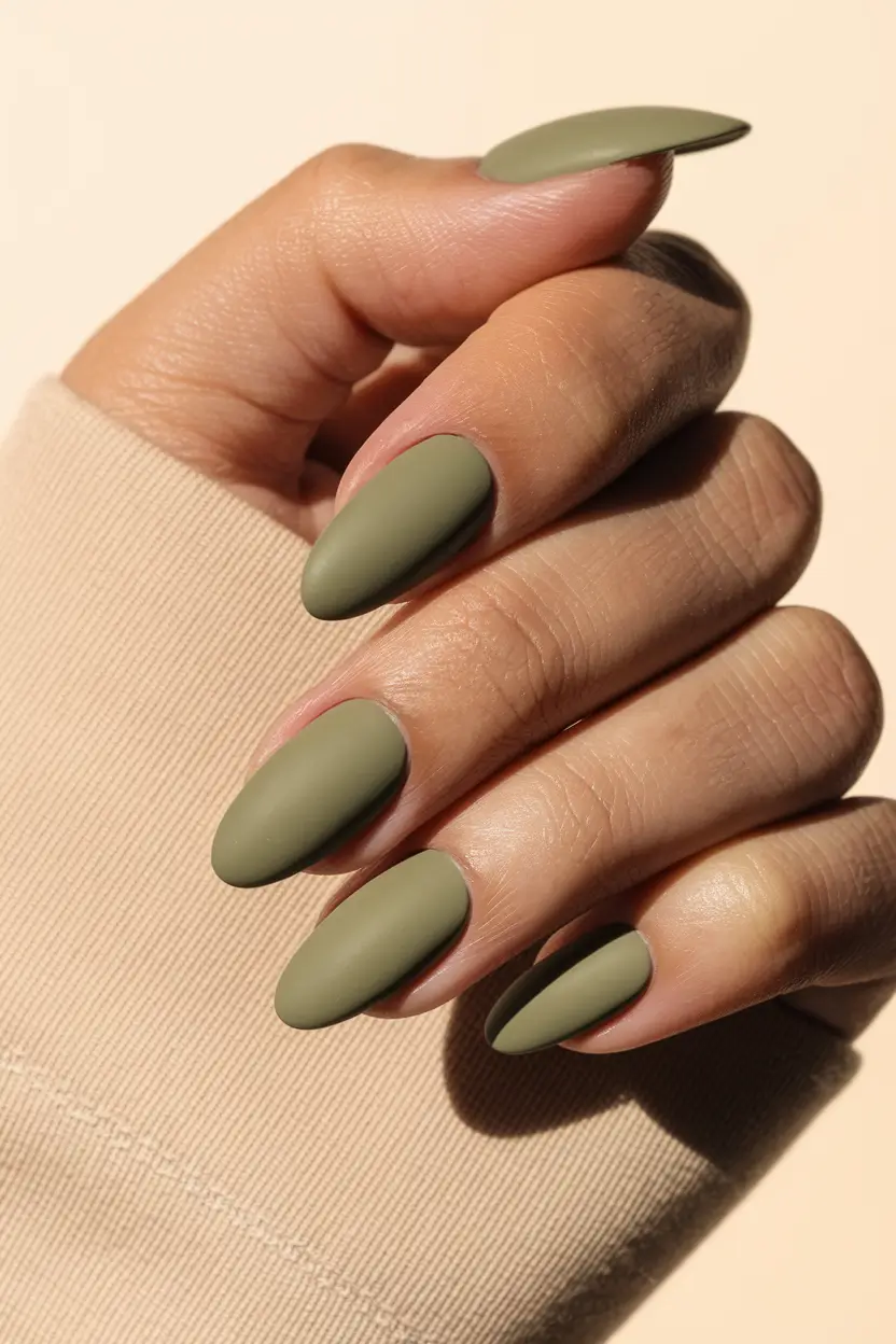 oval shape nails designs fall Matte Olive with Minimalist Mood