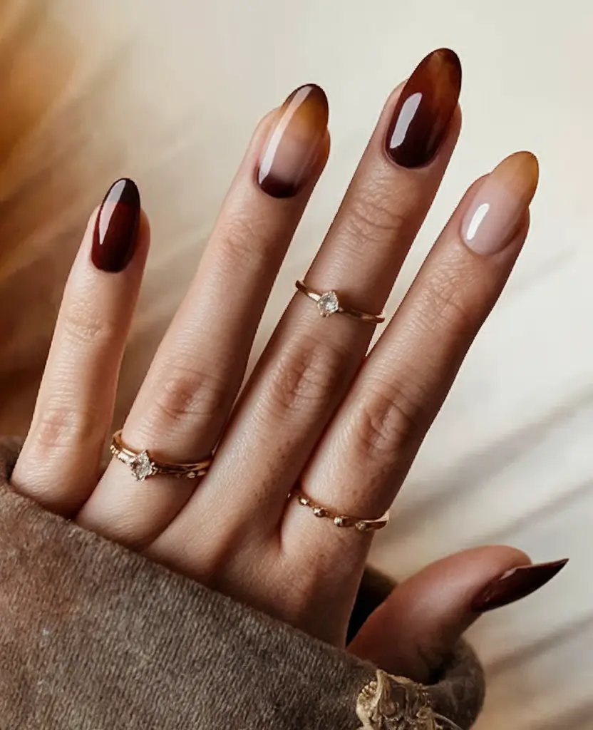 fall nails oval shape brown Tortoise Shell Fade Elegance