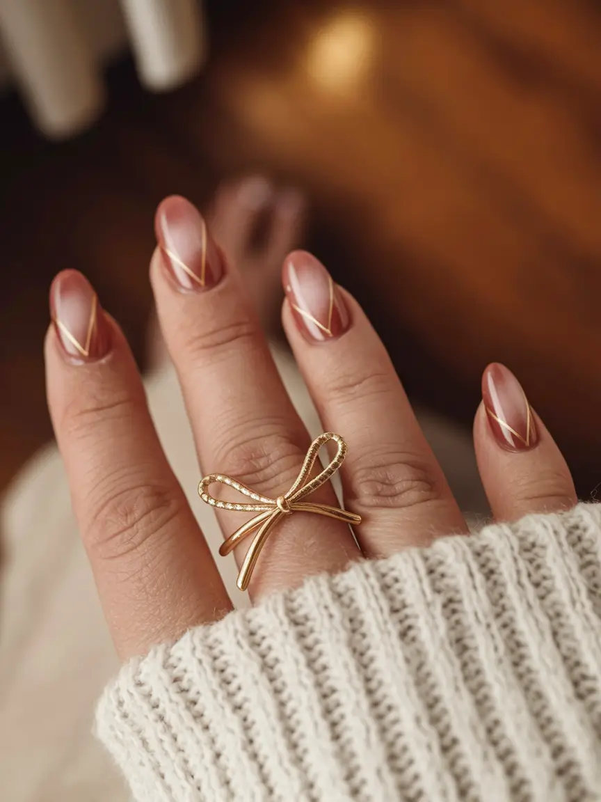 simple fall nails oval shape Minimalist Gold-Lined Neutral