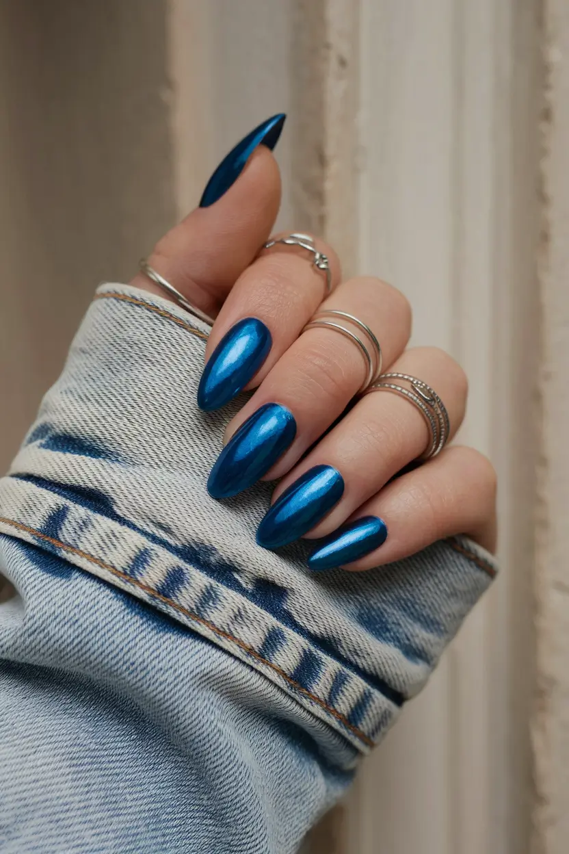 fall nails oval shape long Midnight Blue Metallic Magic