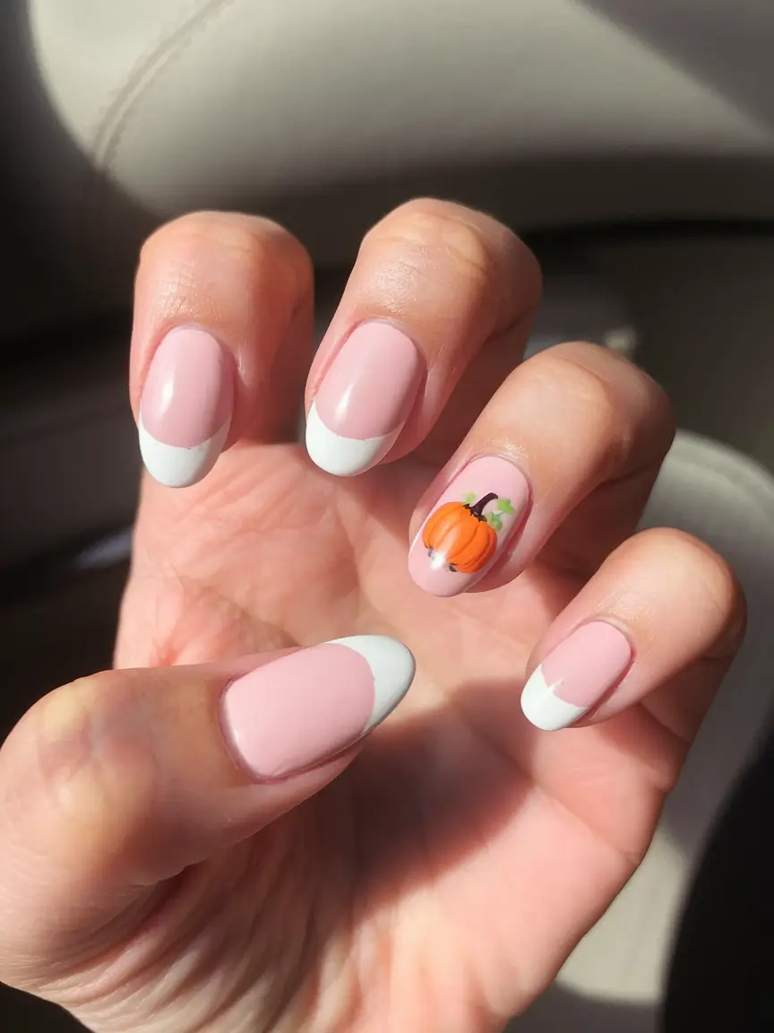 fall nails oval shape french tip Whimsical Pumpkin French Tip