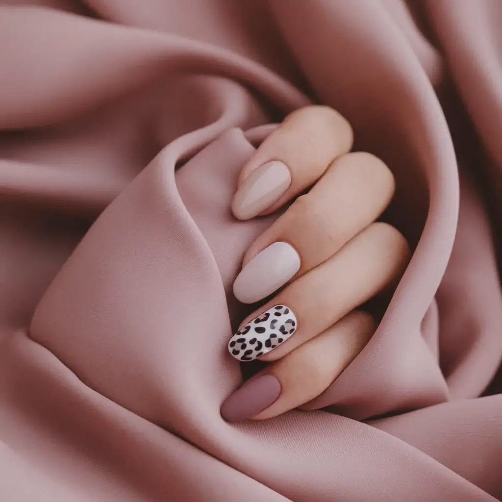 short oval shaped fall nails Muted Mauve with Leopard Accent