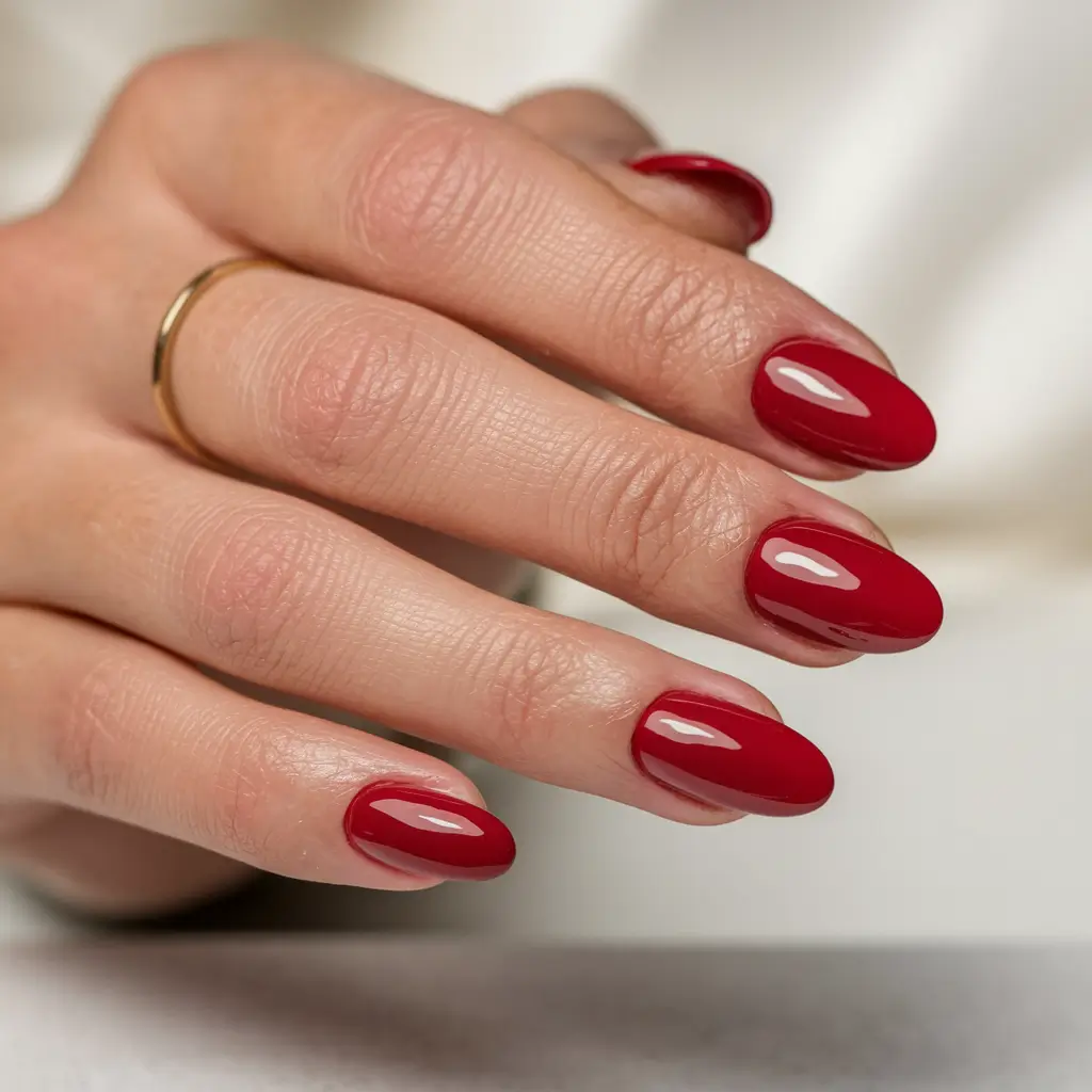fall nails oval shape red Classic Red with Autumn Flair