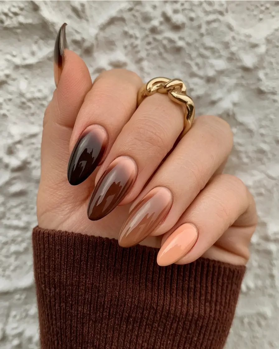 fall nails oval shape brown Coffee Gradient with Almond Warmth
