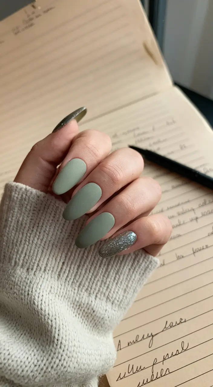fall nails oval shape design Moss Green Matte with a Hint of Sparkle