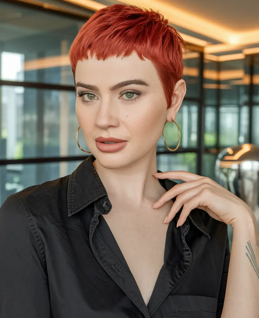 fall pixie haircut Bold Micro Bangs and Fiery Confidence