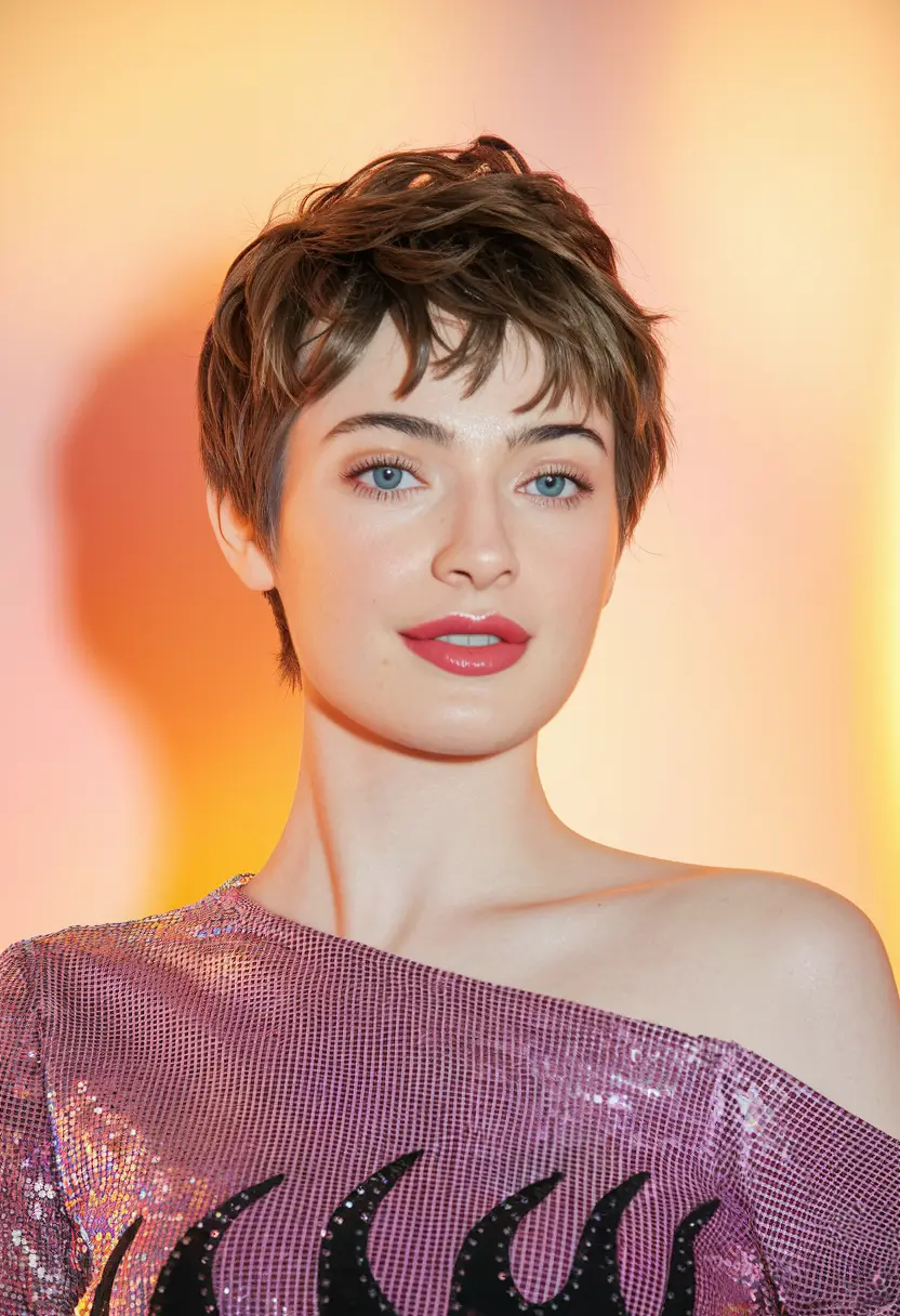 fall pixie haircut Soft Tousled Brown with Glossy Finish
