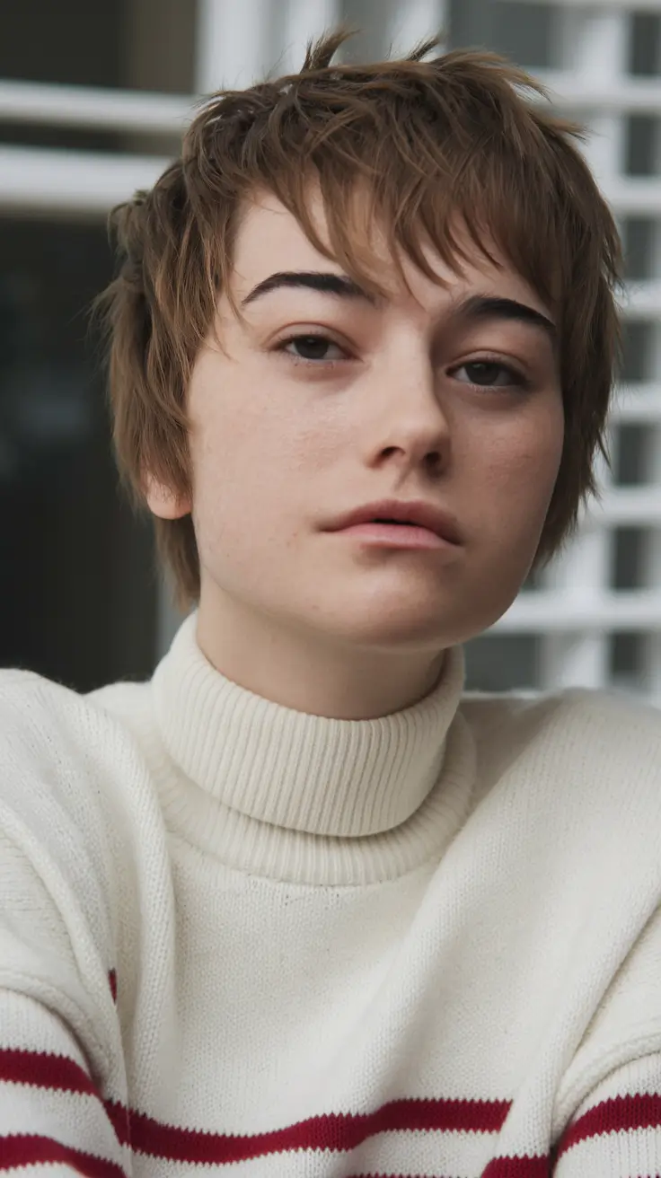 fall pixie haircut Feathered Texture with a Soft Brown Glow