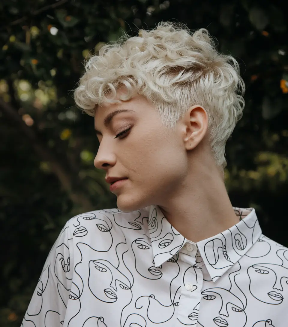 fall pixie haircut Curled Cream Pixie with Shaved Contrast