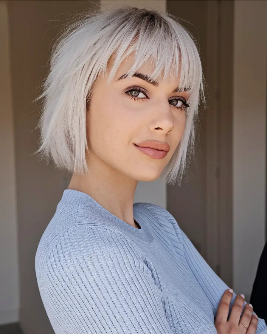 fall bob haircut+Platinum Layers with a Soft Fringe
