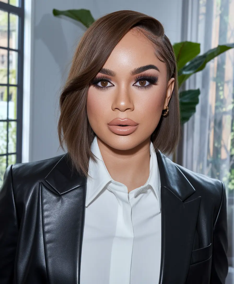 fall bob haircut ideas 2025+Glossy Mocha Side-Part Bob