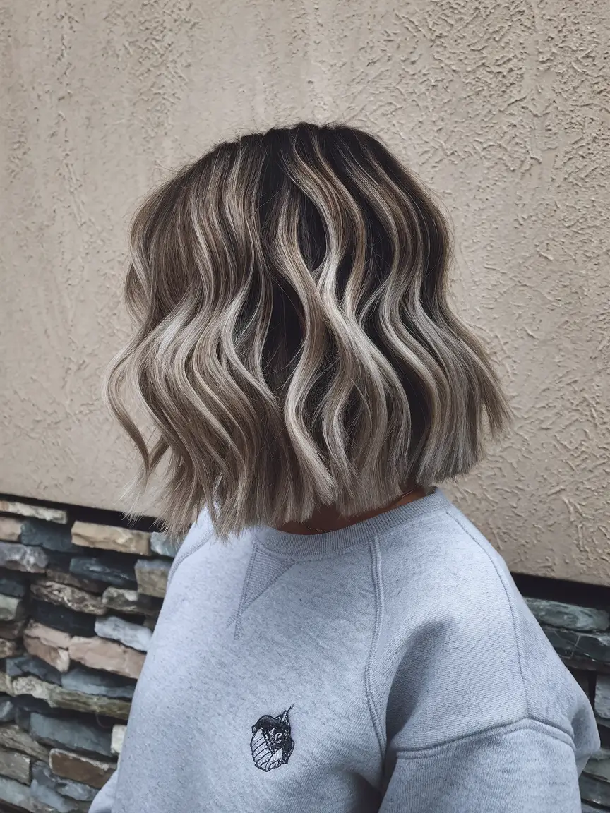fall bob haircut ideas 2025+Smoky Blonde Waves with Root Shadow