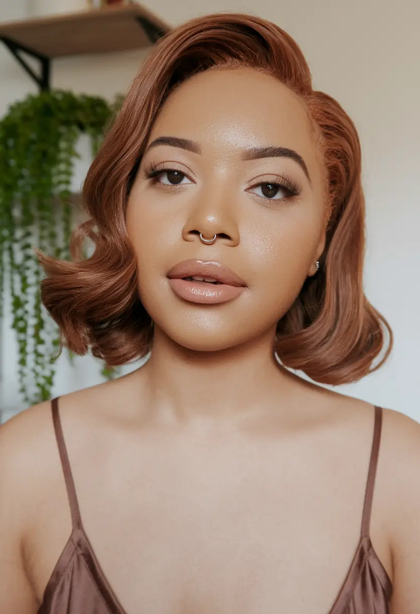 fall hair color for brown skin 2025 Cinnamon Bob with Retro Flair
