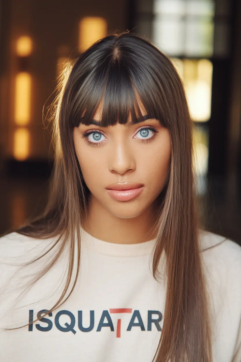 fall hair color for brown skin 2025 Glossy Chocolate With Blunt Bangs
