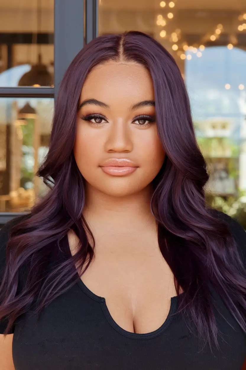 fall hair color for brown skin 2025 Plum Luxe for Long Layers