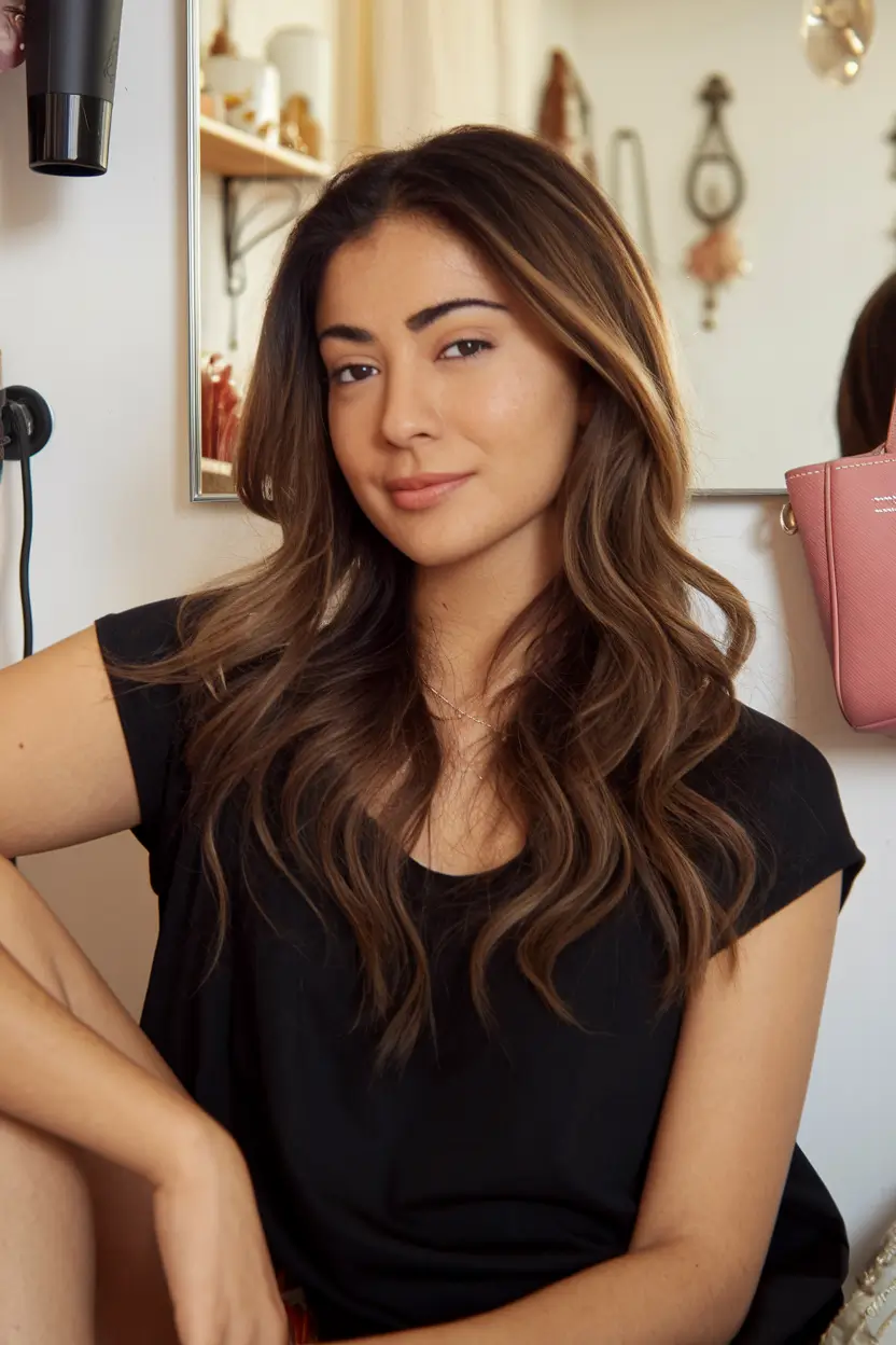 fall hair color for brown skin 2025 Layered Hazelnut Waves With Subtle Dimension