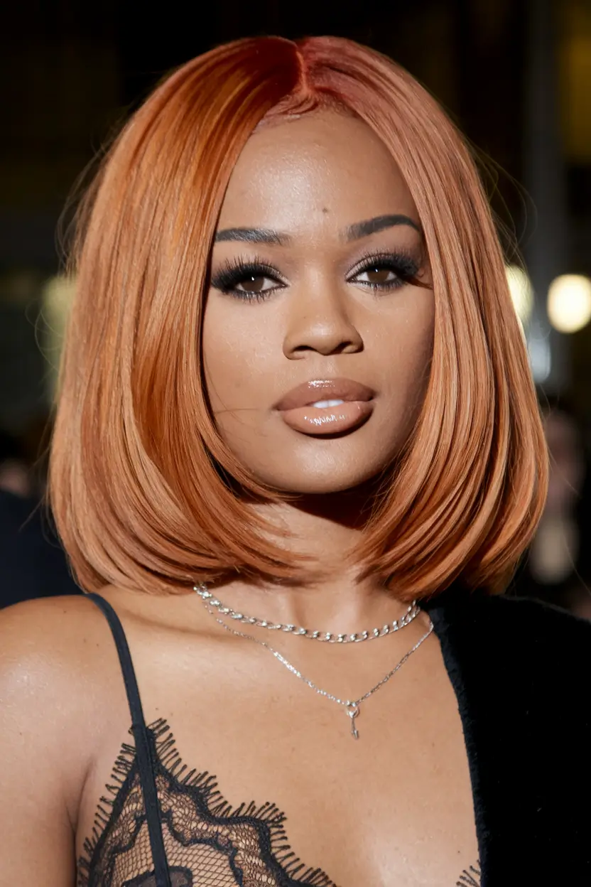 fall hair color for brown skin 2025 Glossy Ginger Bob
