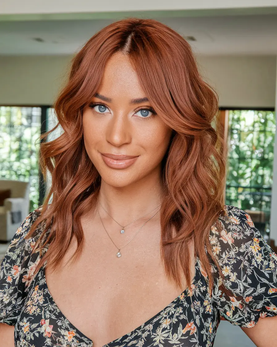 fall hair color for brown skin 2025 Warm Copper Waves for Everyday Magic