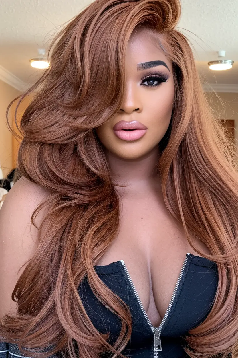 hair color ideas for deep skin Chestnut Cinnamon Layers With a Blowout Effect