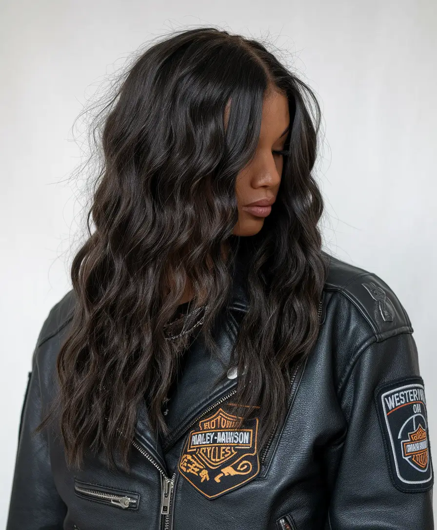 hair color ideas for deep brown skin Textured Charcoal Waves With a Raw Edge