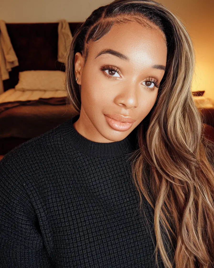 hair color ideas for deep skin Honey Brunette Balayage with Side Part