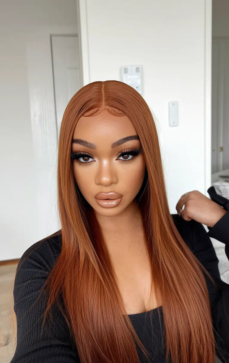 hair color ideas for deep skin tone Straight and Sculpted in Cinnamon Auburn
