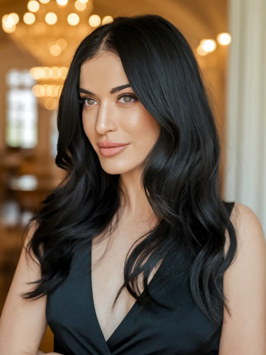 wedding Glossy Jet Black with Loose Vintage Waves