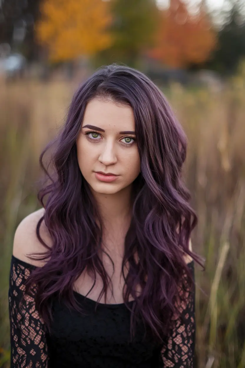 hair color september 2025 Plum Smoke Waves with Soft Shadow Roots
