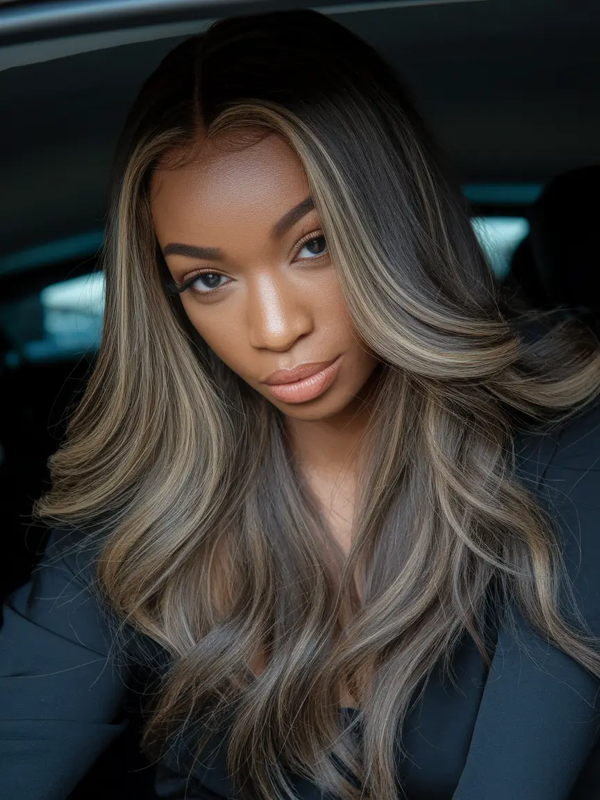 fall inspired hair color for black women Smoky Mushroom Blonde with Depth