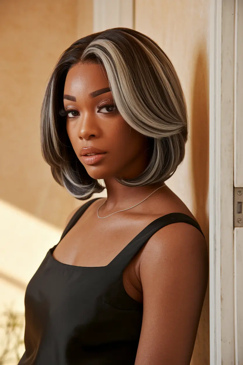 fall pixie hair color black women Chic Ash Brown Lob with Silver Highlights
