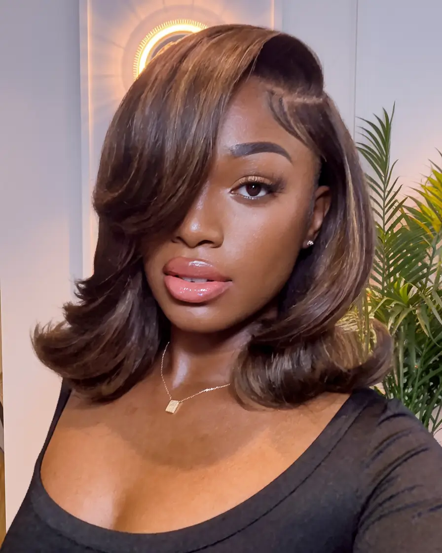 fall hair color black women short hair Chocolate Flip Bob with Honey Glow