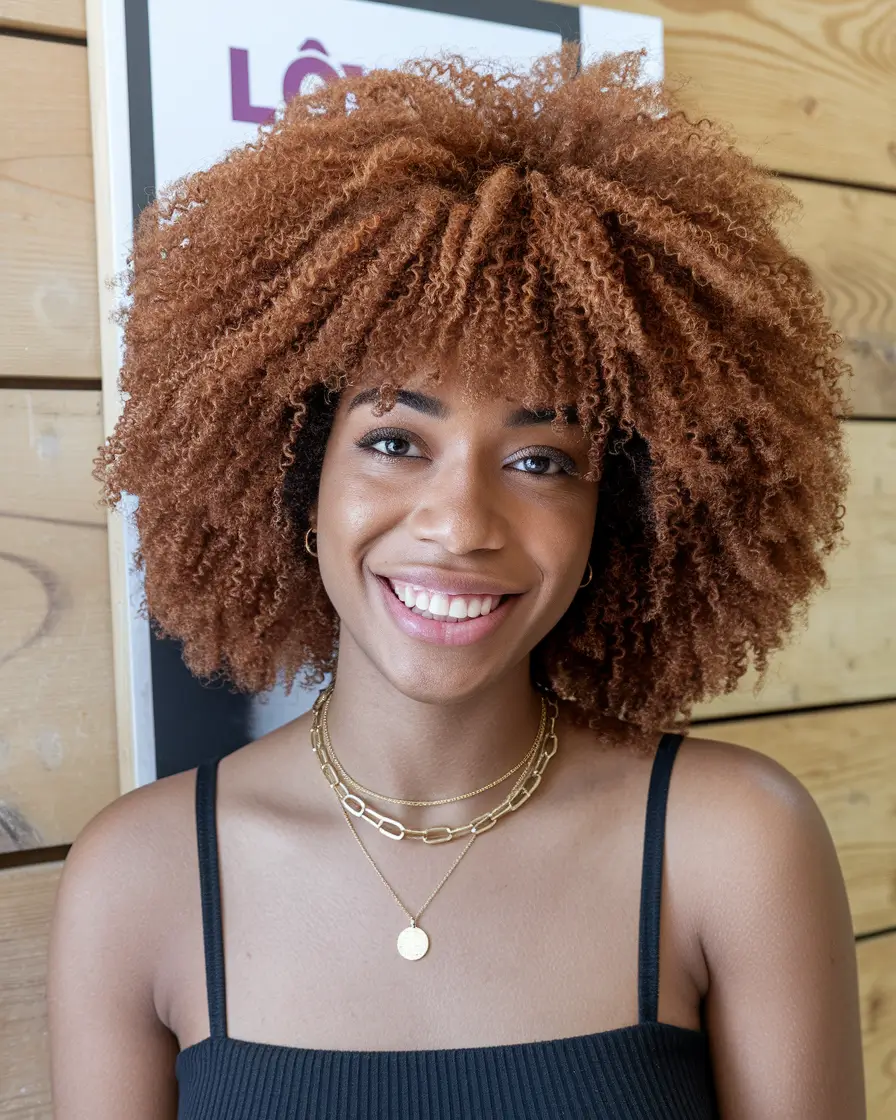 fall hairstyle black women Cinnamon Curls With Bangs