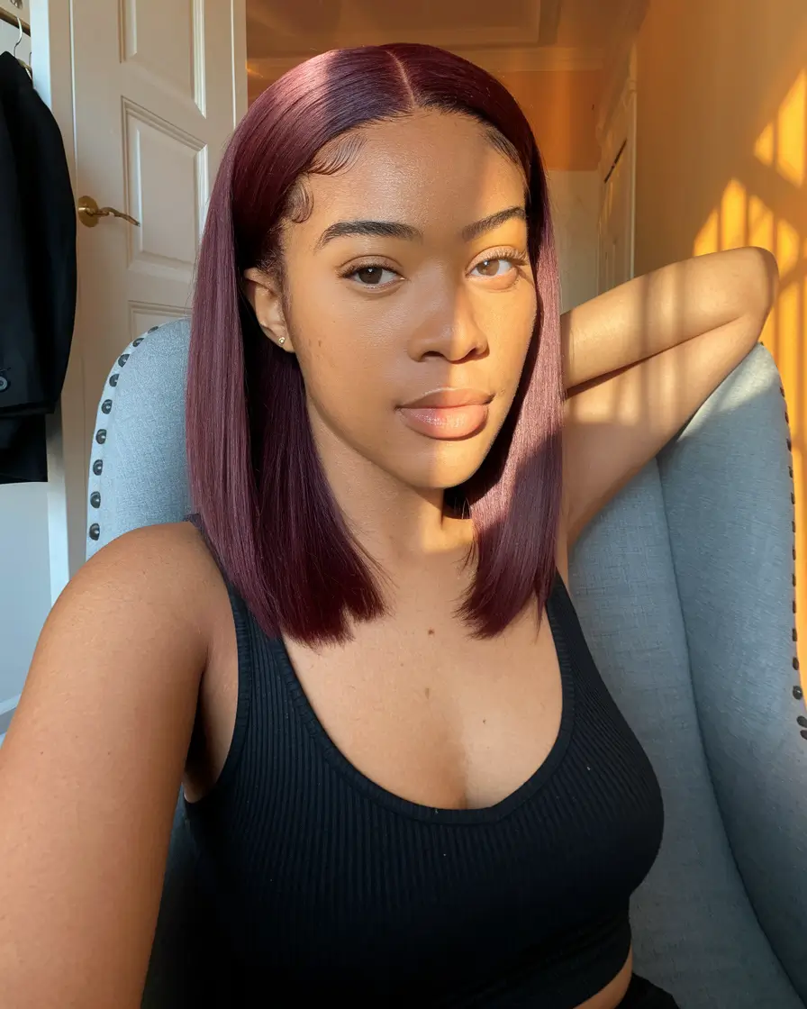fall hairstyle for black women Burgundy Bob With a Side of Chill
