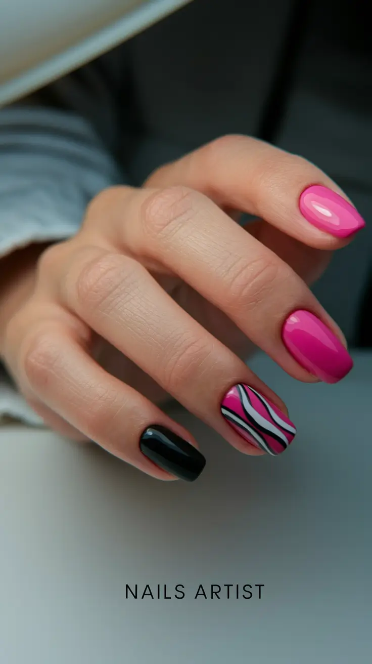 september-nails-designs-short-square-Glossy-Pink-Meets-Graphic-Stripes