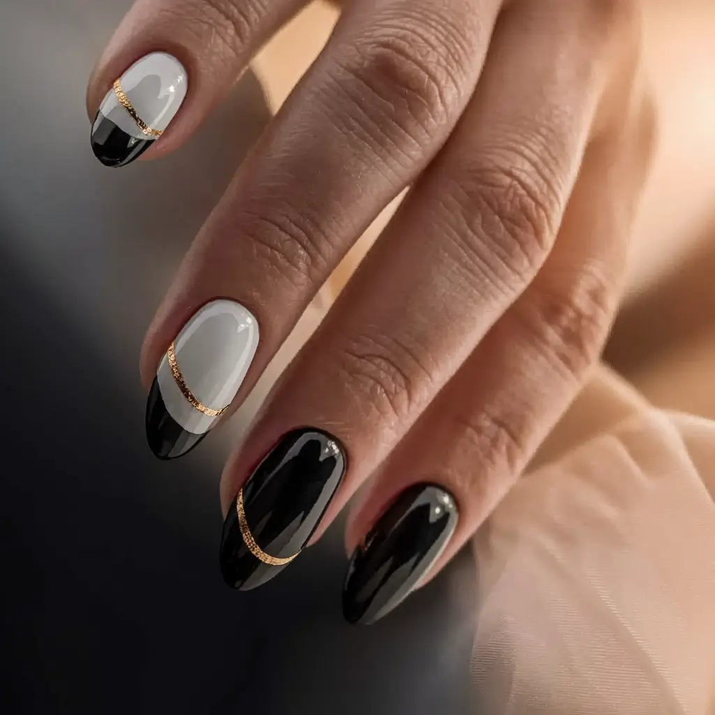 september-nails-designs-almond-Black-and-White-Chic-with-a-Gold-Curve