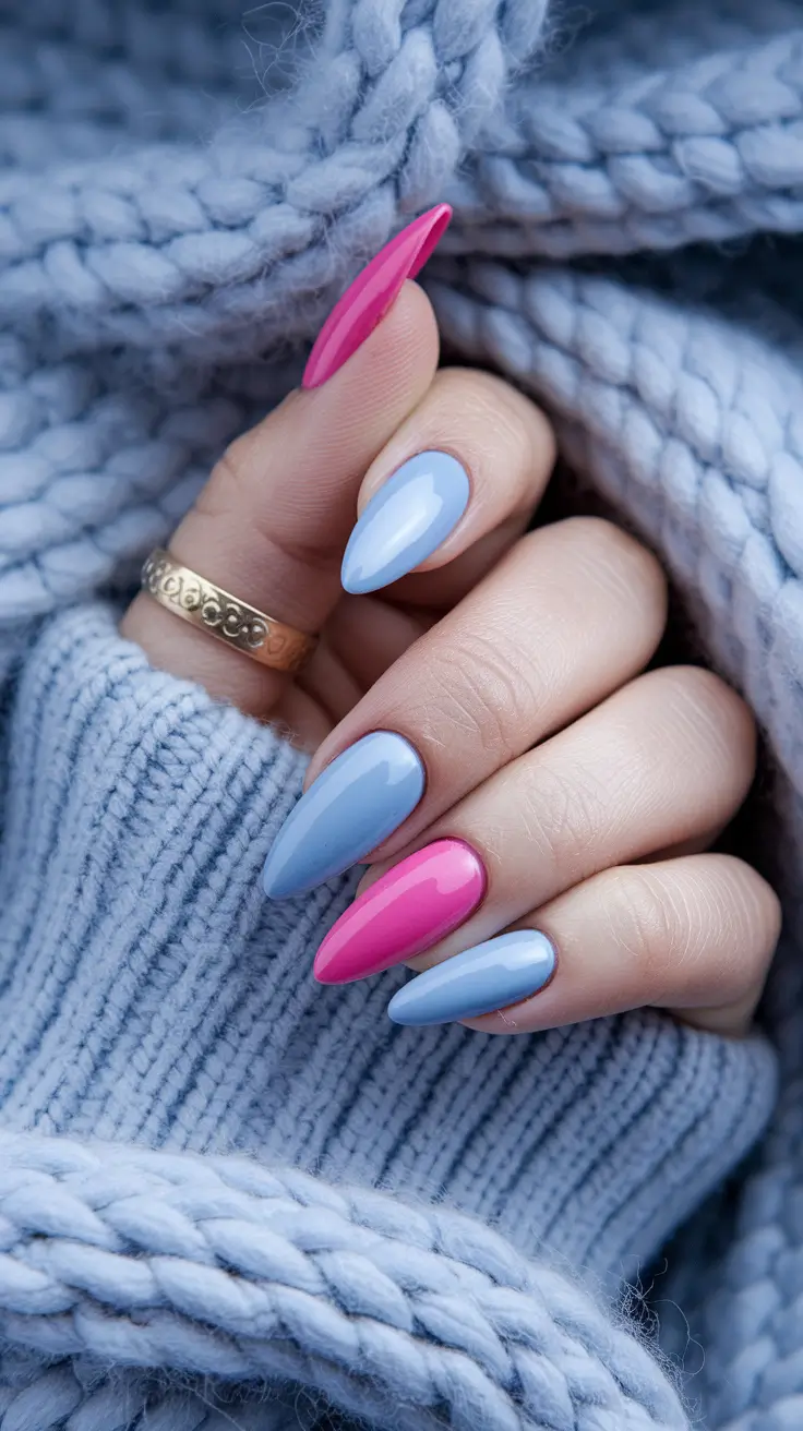 september nails designs almond Blush Blue and Fuchsia Twist on Almond Perfection