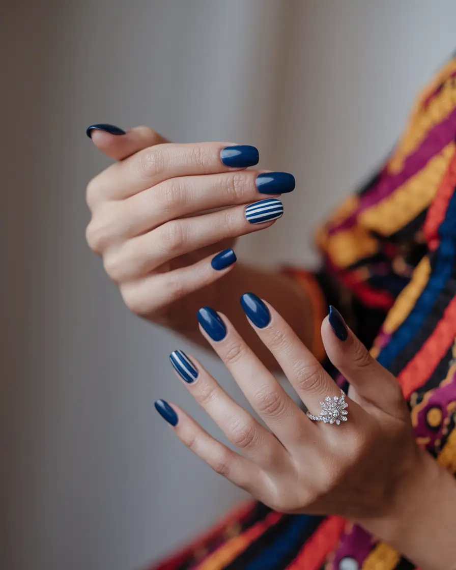 september nails designs short square Classic Navy with Striped Accents on Short Square