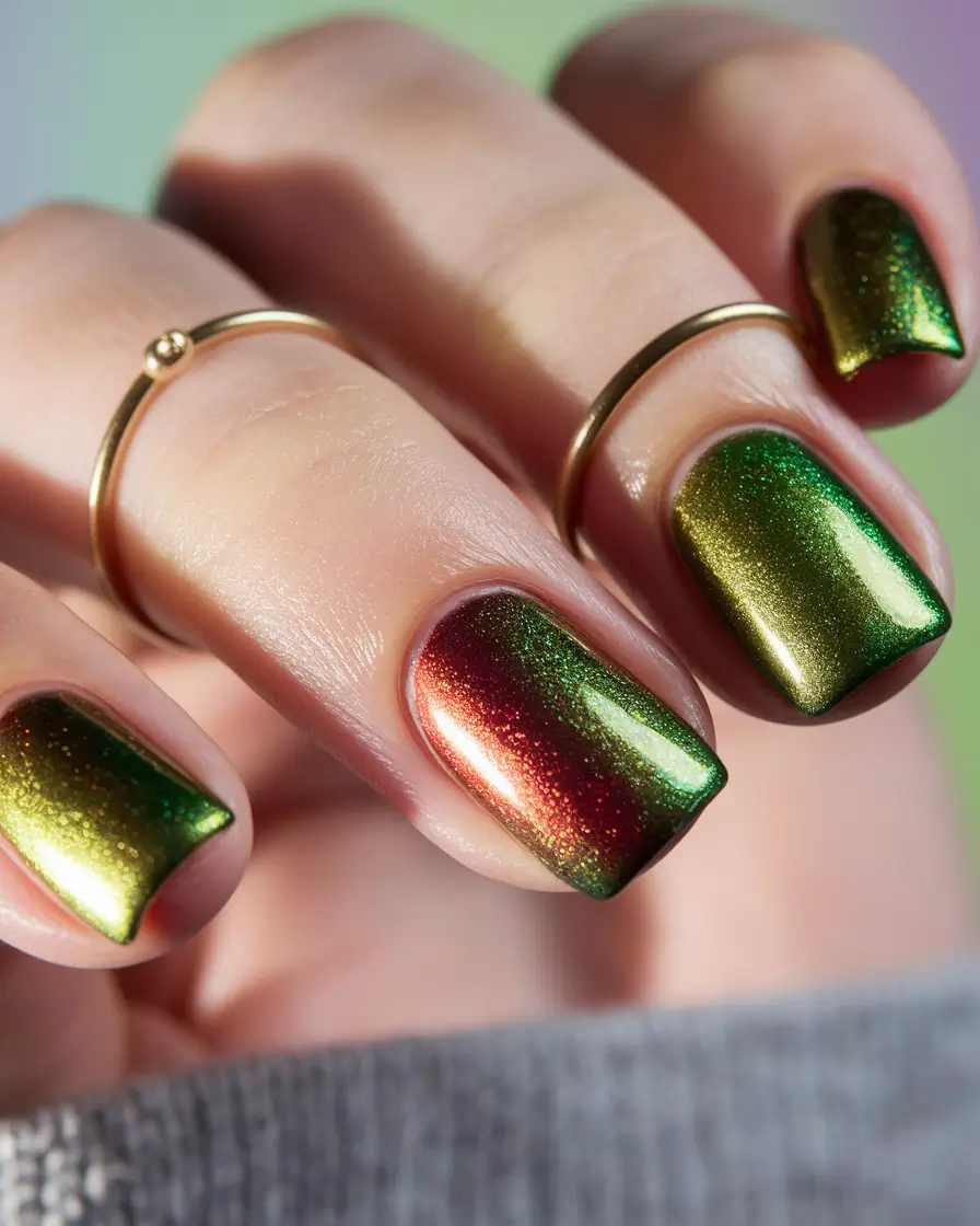 september nails designs stiletto Fall Green and Burnt Red Cat-Eye Shimmer