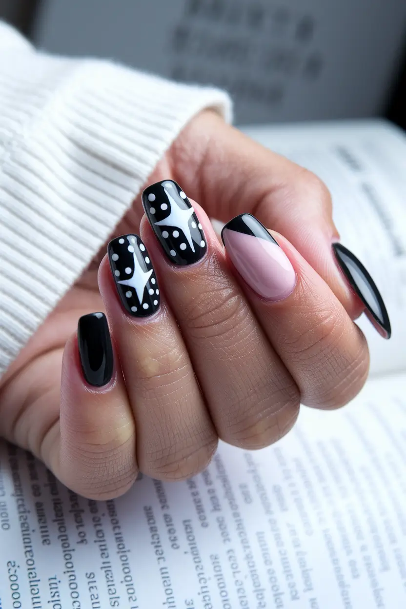september-nails-designs-short-acrylic-Retro-Star-Drama-in-Monochrome