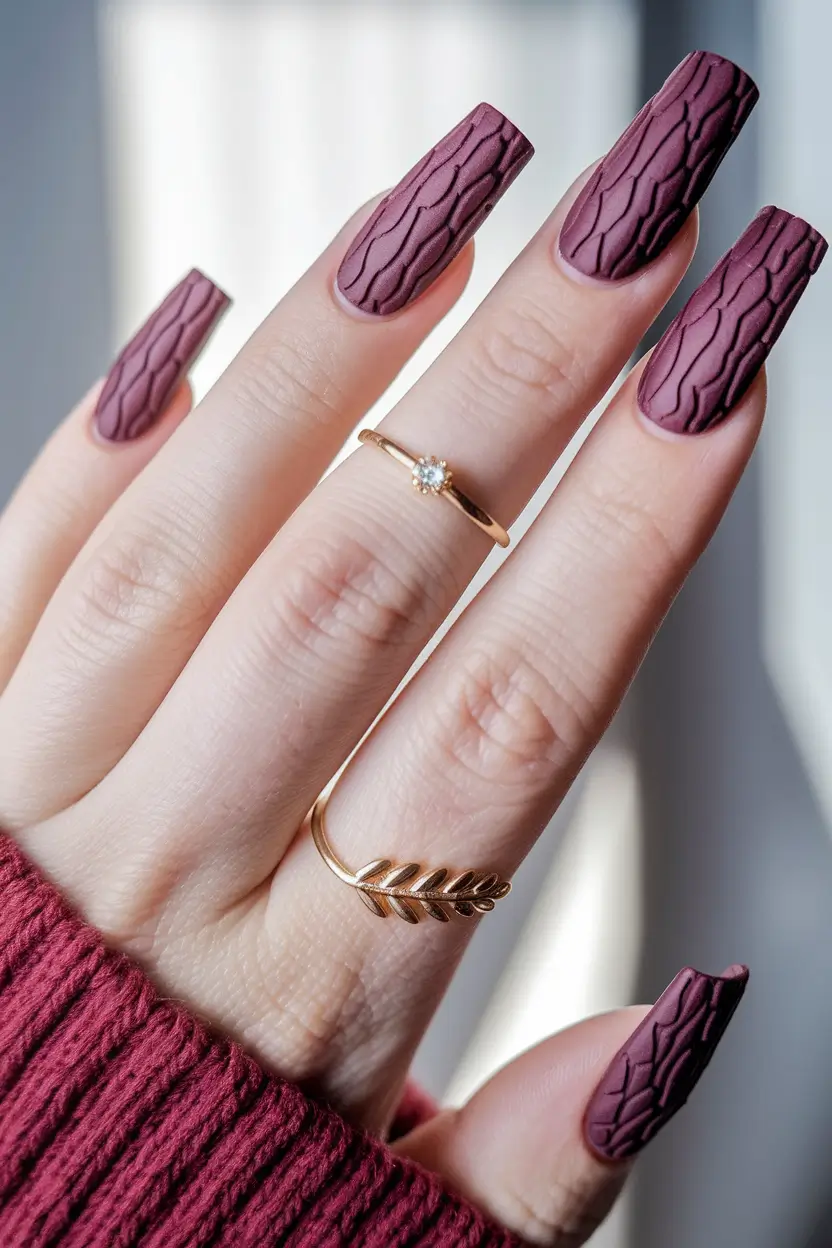 september nails designs coffin 3D Cable Knit Maroon for a Cozy-Chic Mood