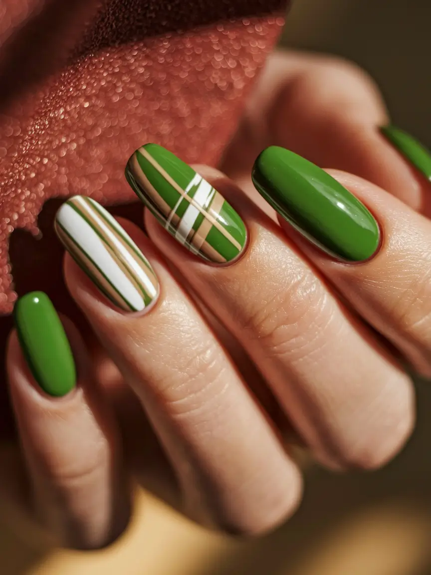 september nails designs almond Green Plaid Precision with Almond Confidence