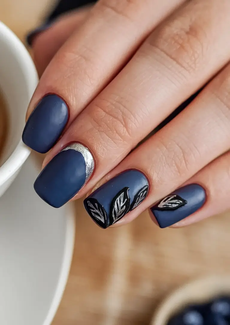 september nails designs short square Matte Blue Botanical Square with Silver Touches