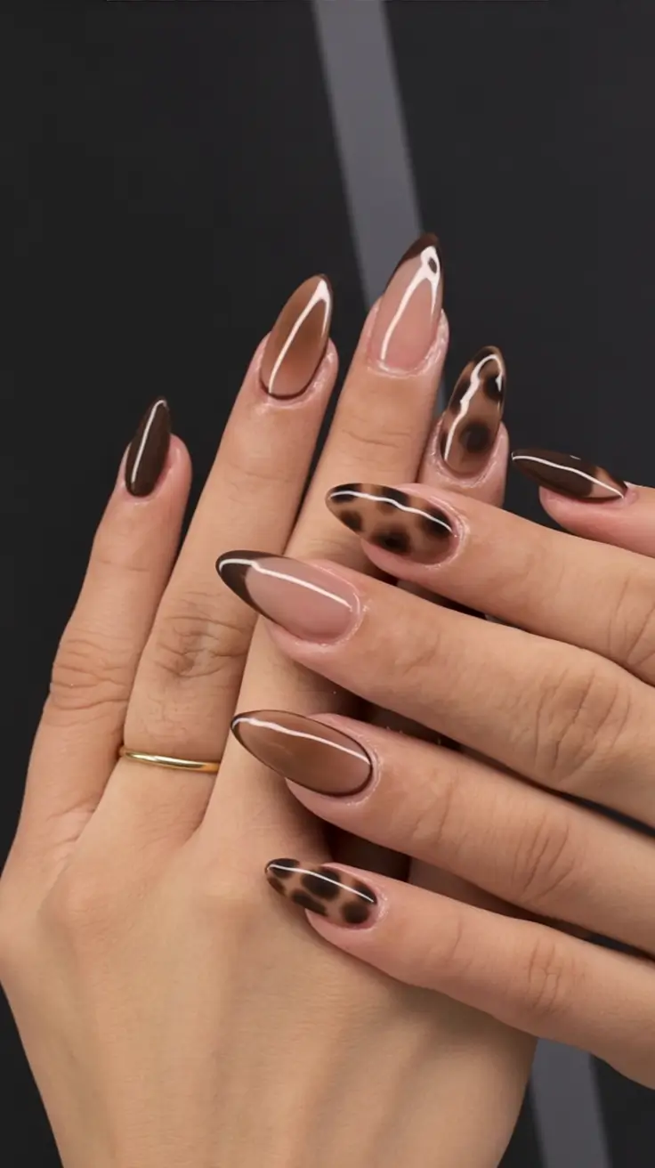 fall nails art designs almond Glossy Chocolate Tortoise with a Minimalist Twist